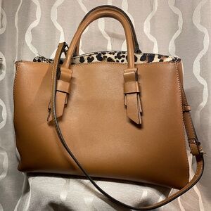 Brown Betsey Johnson Faux Leather Satchel with leopard print interior